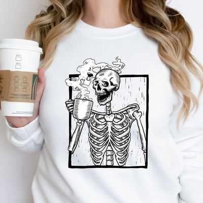 Skeleton Drinking Coffee Adult Sweatshirt, Funny Skeleton Adult Sweatshirt