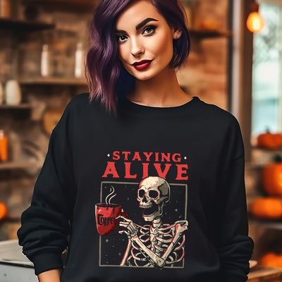 Staying Alive Skeleton Drinking Coffee Sweatshirt, Funny Halloween Skeleton Shirt, Unisex Adult Sweatshirt