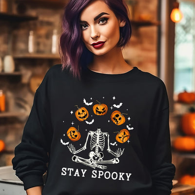 Stay Spooky Skeleton Halloween Sweatshirt, Fall Yoga Unisex Adult Sweatshirt, Pumpkin Skeleton Sweatshirt